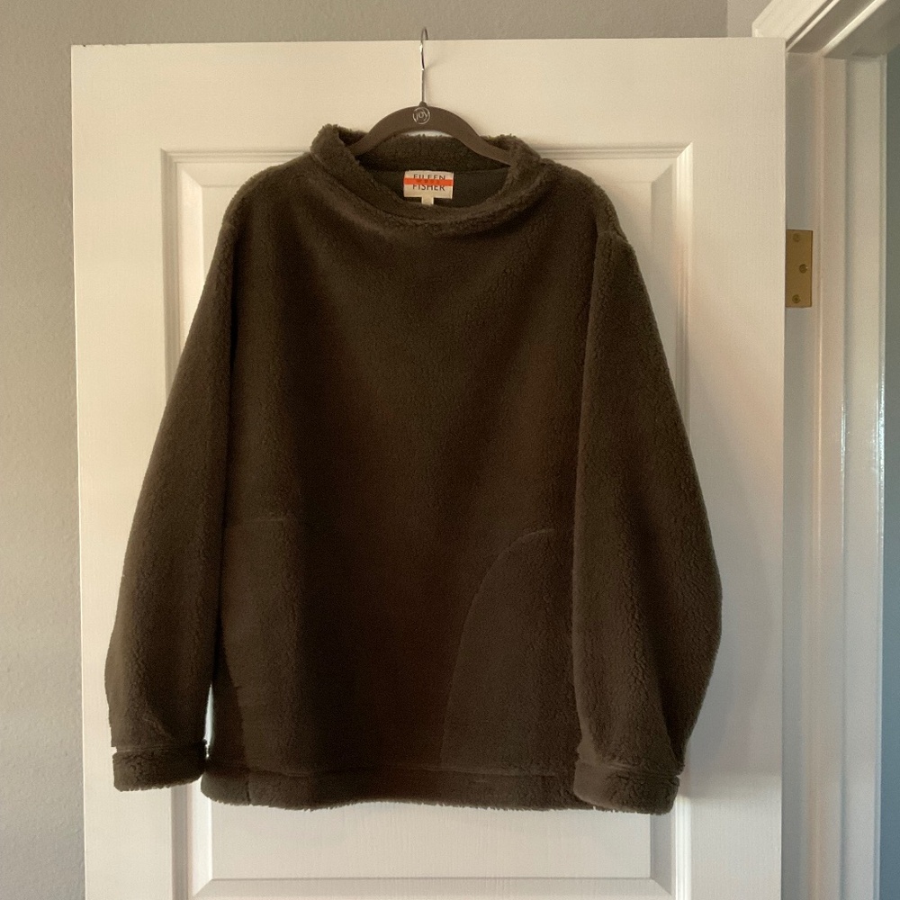 Eileen Fisher grey/brown fleece style mock turtleneck tunic S/P
